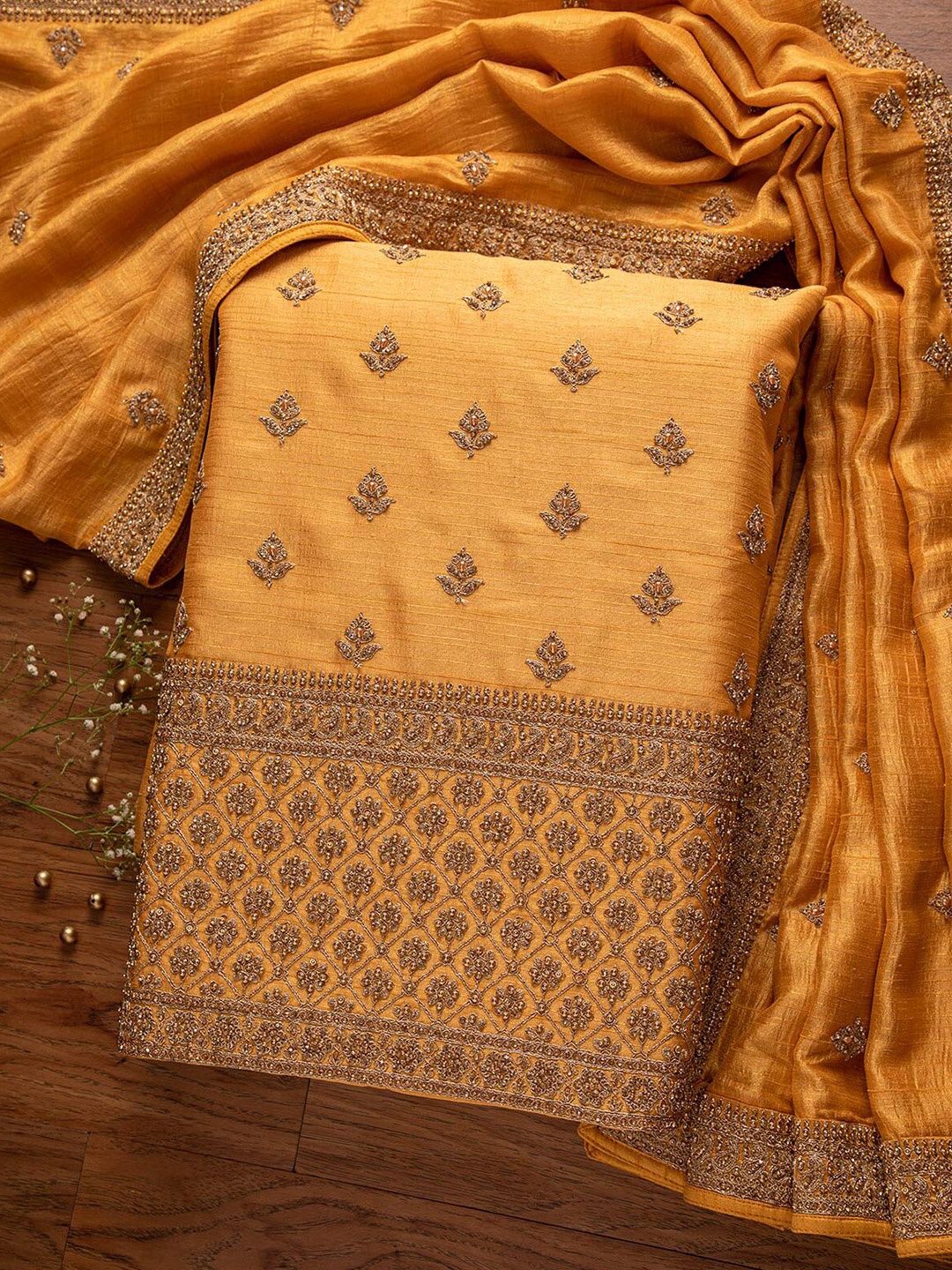 

Koskii YEmbroidered Raw Silk Unstitched Dress Material, Yellow