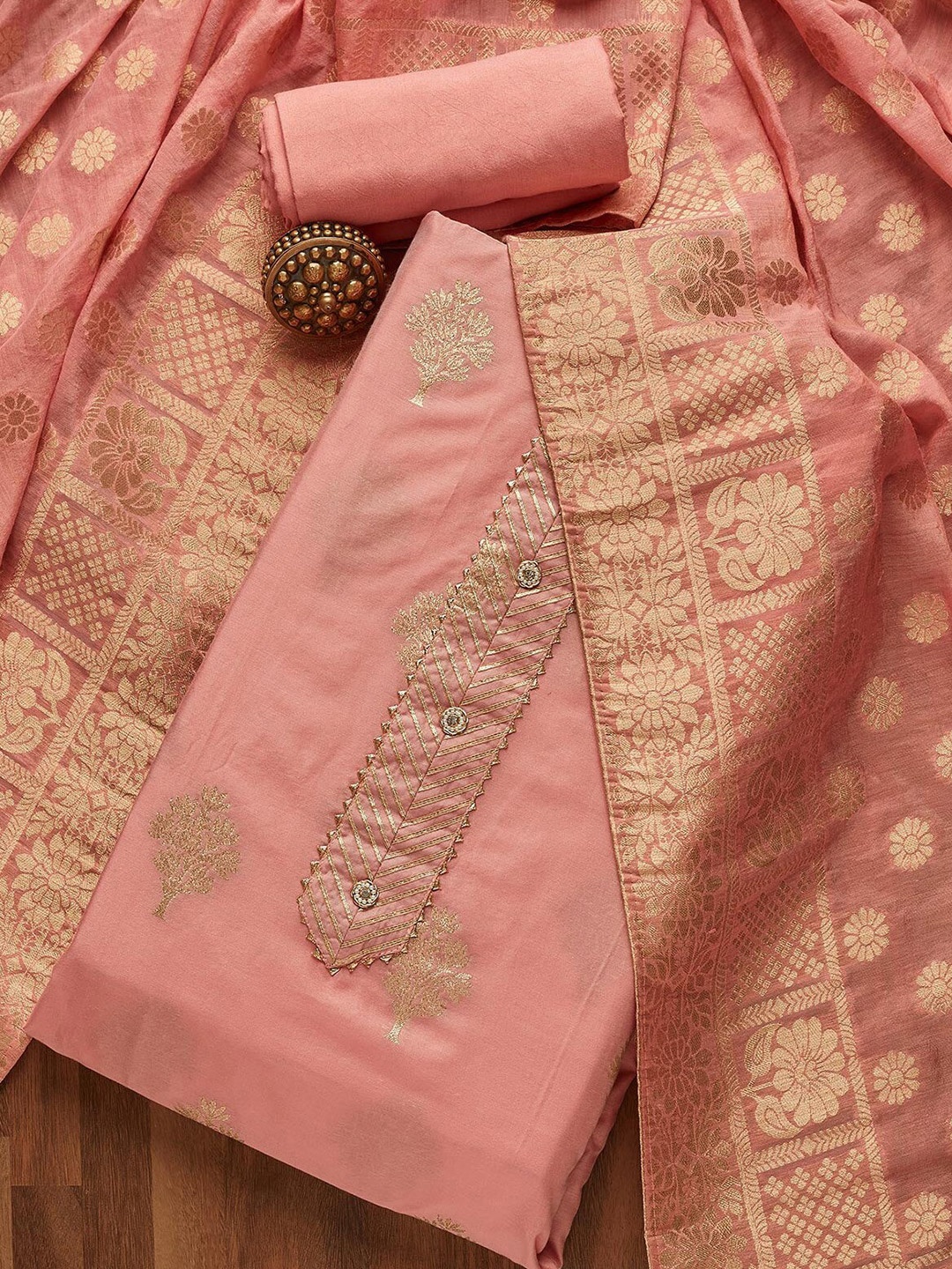 

Koskii Floral Woven Design Zari Unstitched Dress Material, Pink