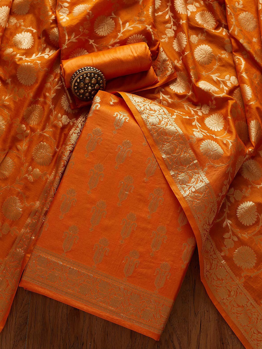 

Koskii Woven Design Zari Art Silk Unstitched Dress Material, Orange