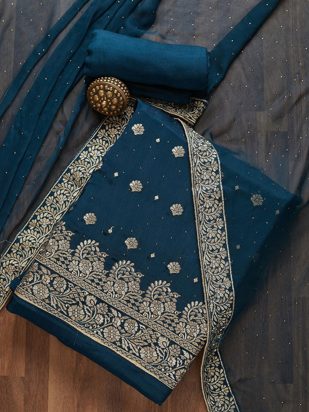 

Koskii Ethnic Motifs Embroidered Unstitched Dress Material, Navy blue