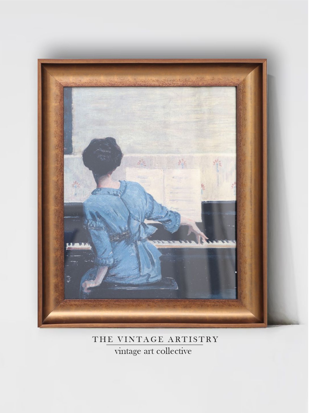 

THE VINTAGE ARTISTRY Brown & Blue Vintage Female Pianist Printed Framed Wall Painting