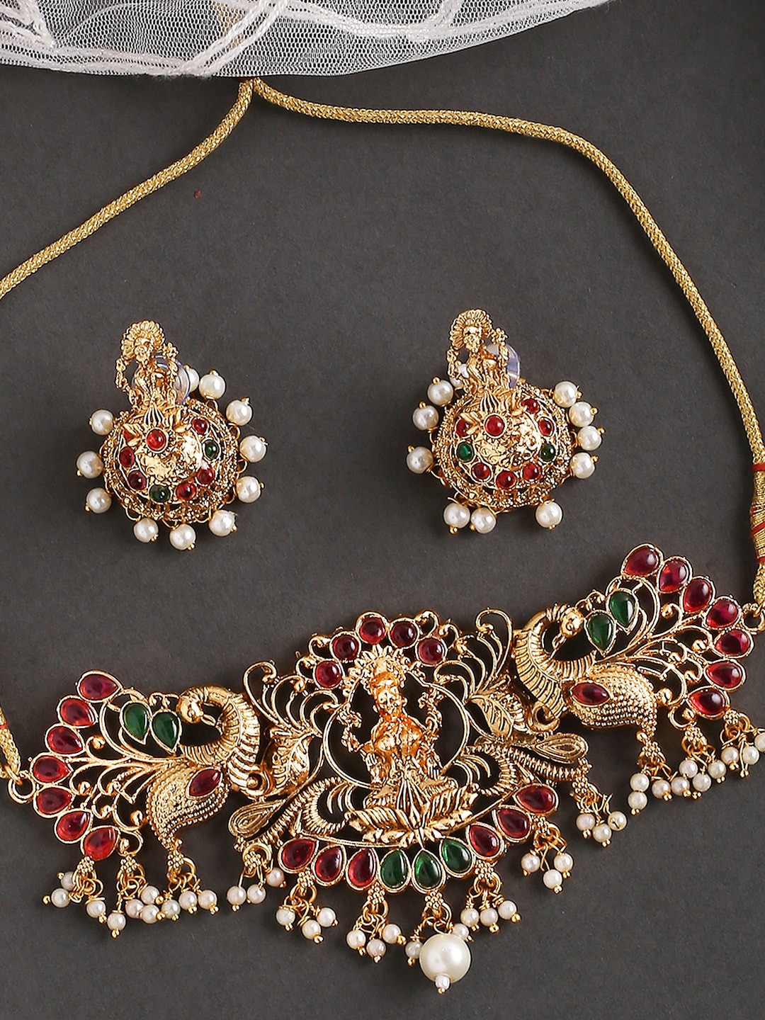 

OOMPH Gold-Plated Stone Studded & Beaded Temple Jewellery Set, Red