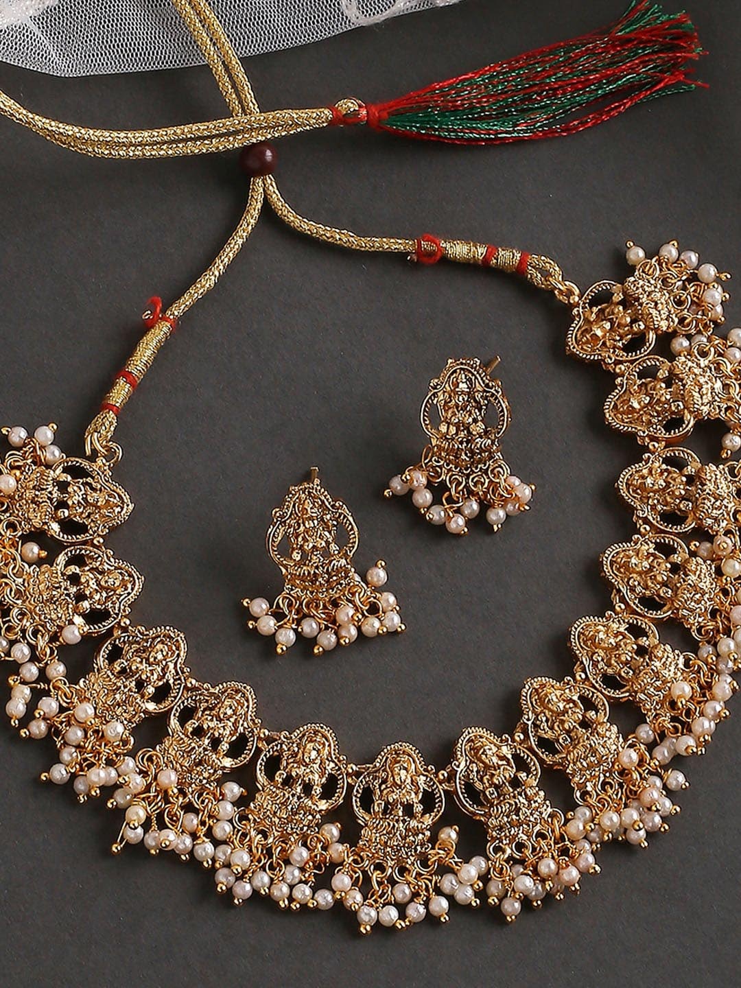 

OOMPH Alloy Beaded Laxmi Design Necklace & Earrings Set, Red