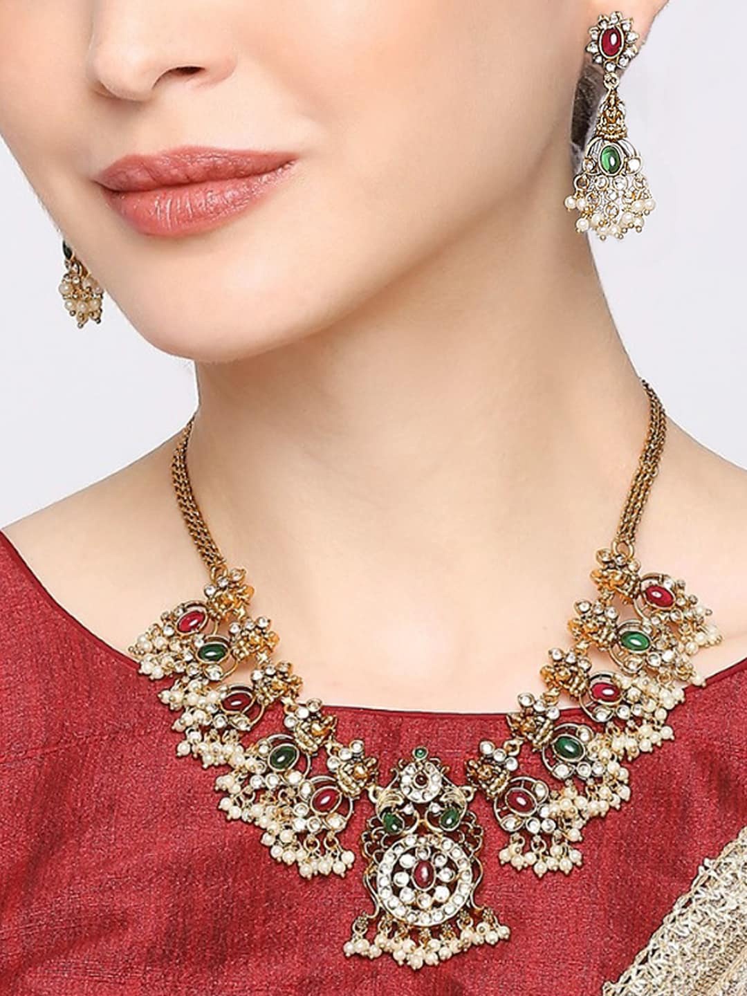

OOMPH Gold-Plated Stone-Studded & Beaded Jewellery Set, Red