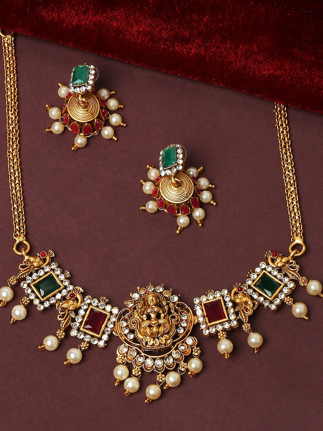 

OOMPH Gold-Plated Stones & Beads -Studded Antique Jewellery Set, Red