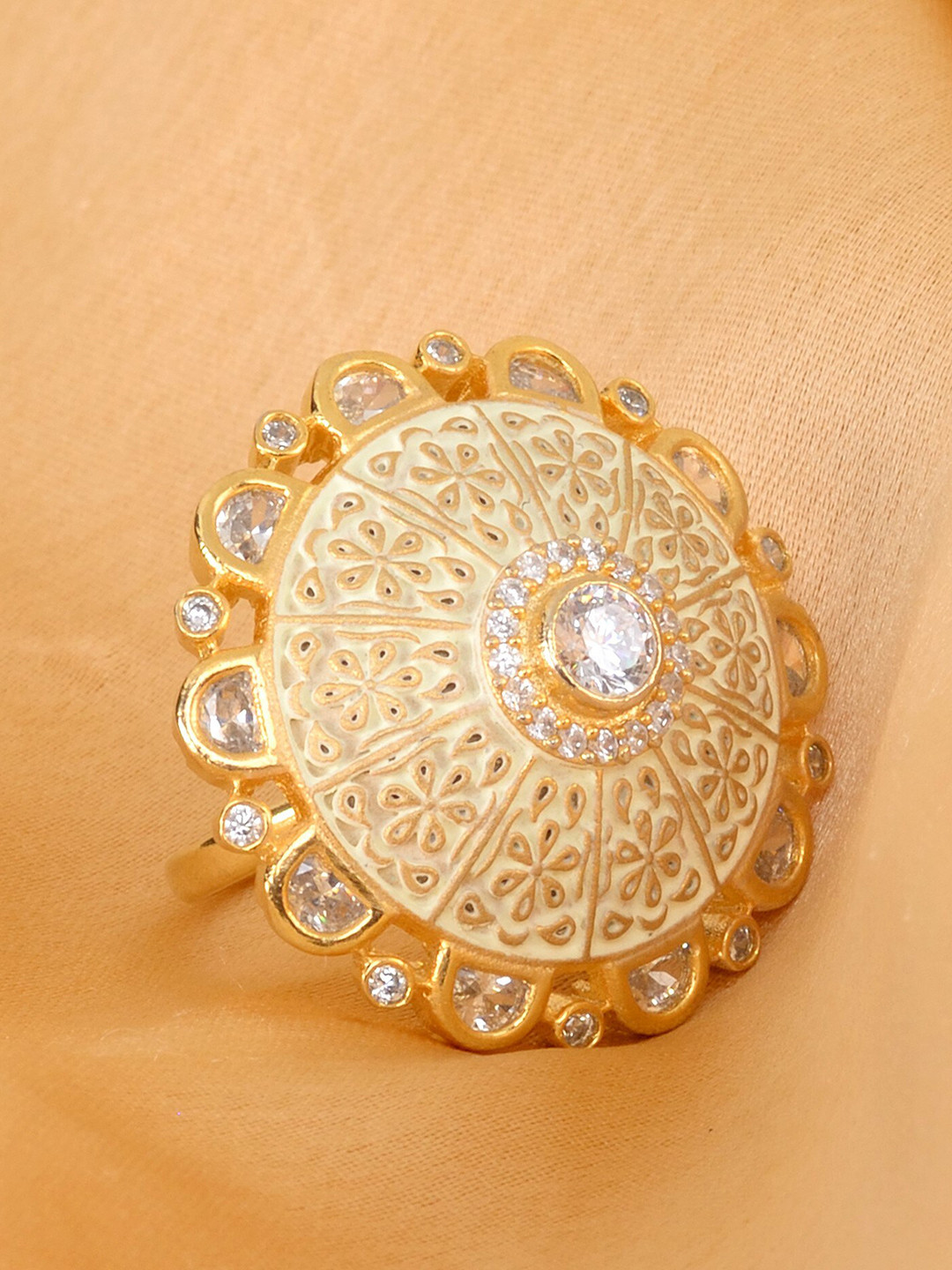 

Saraf RS Jewellery Gold-Plated AD-Studded Adjustable Finger Ring, White