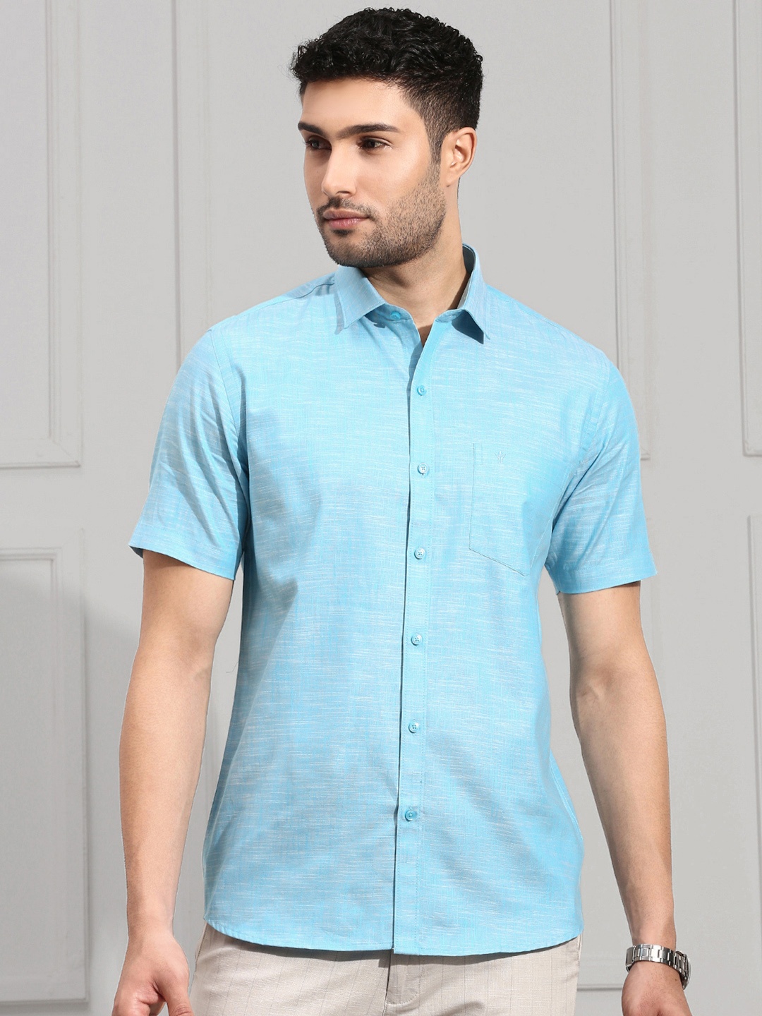 Ramraj Spread Collar Pure Cotton Formal Shirt, Blue