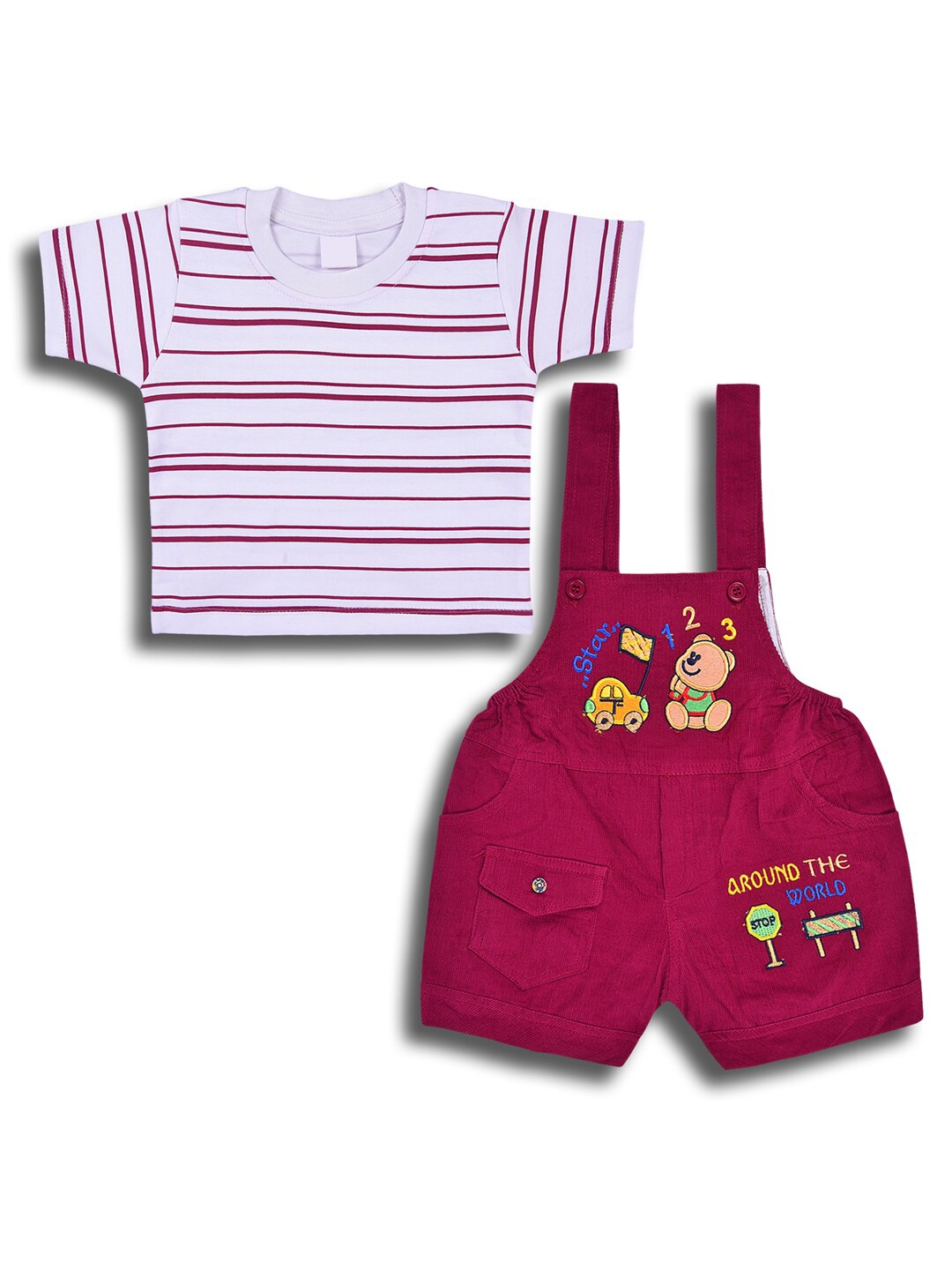 

Wish Karo Infant Boys Striped Cotton T-shirt With Dungaree, Maroon