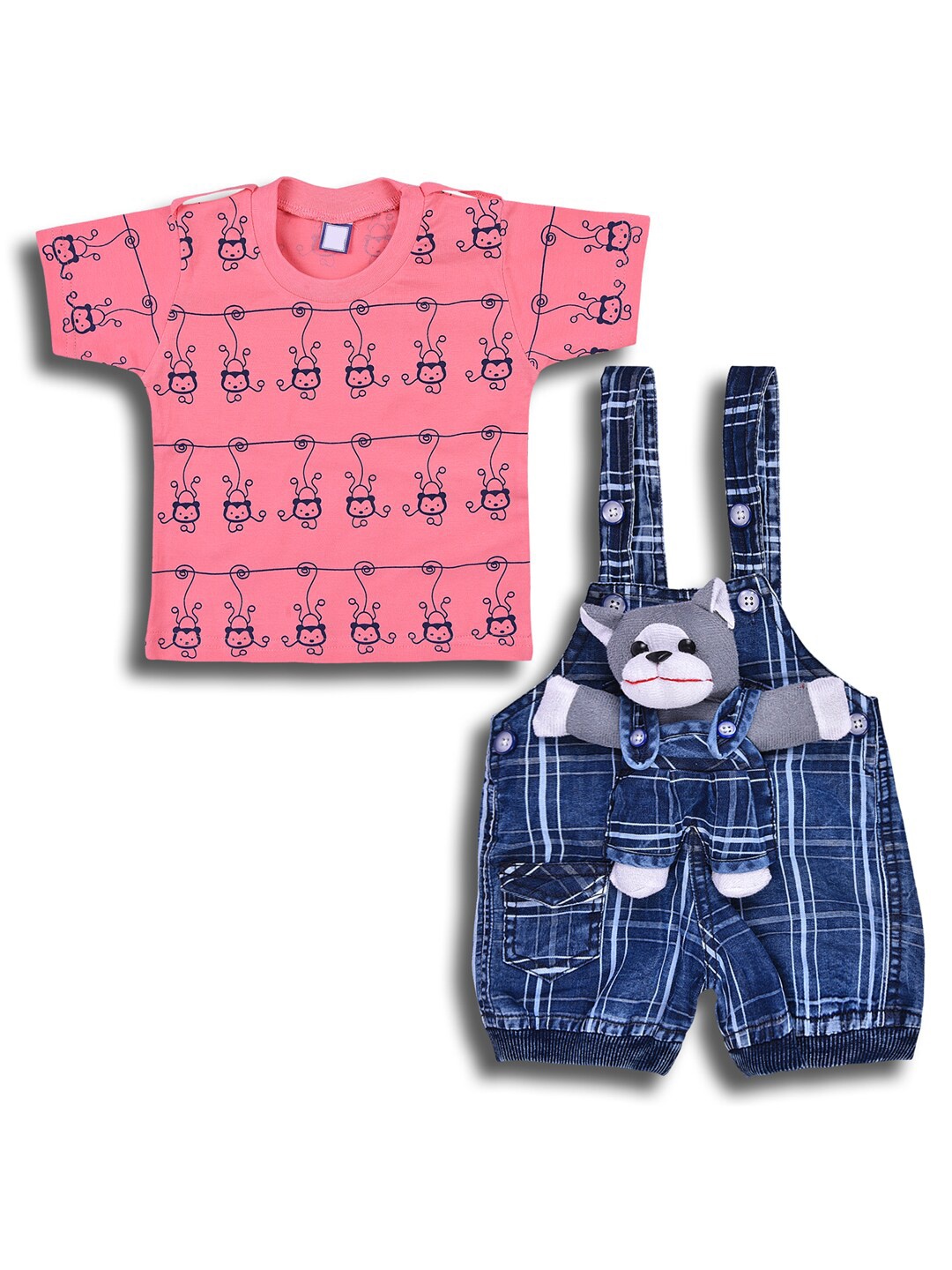 

Wish Karo Infant Boys Printed Straight Leg Cotton T-shirt With Dungaree, Peach