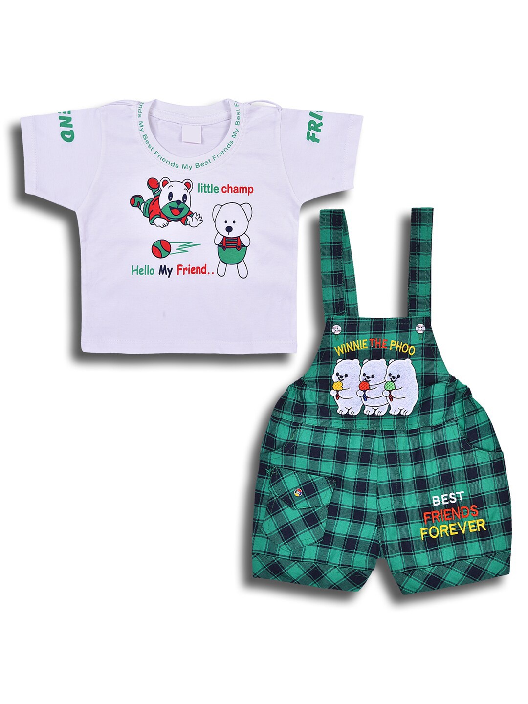 

Wish Karo Infant Boys Checked Short Sleeves Pure Cotton T-shirt With Dungaree, Green