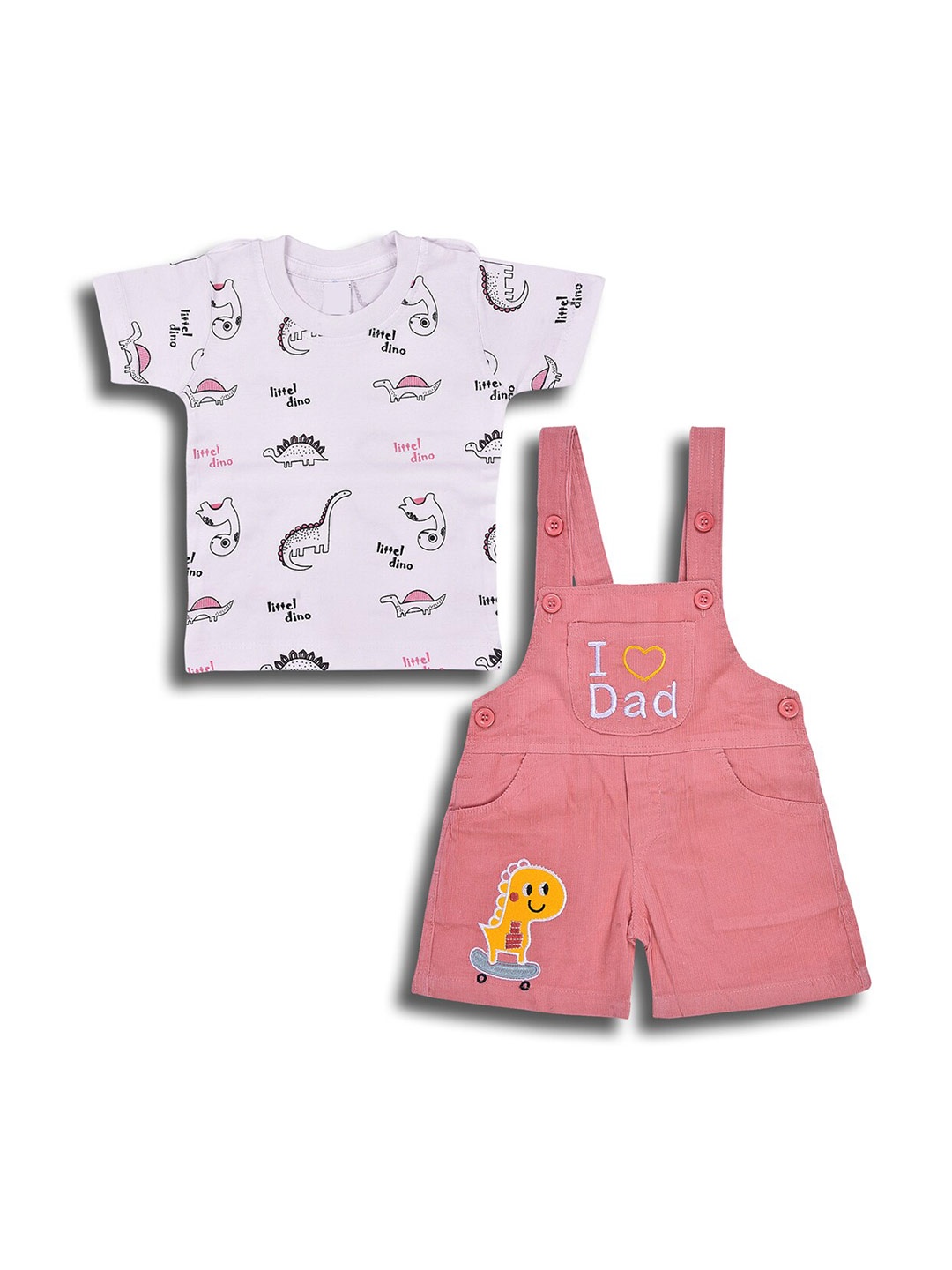 

Wish Karo Infant Boys Graphic Printed Cotton T-shirt With Dungaree, Peach