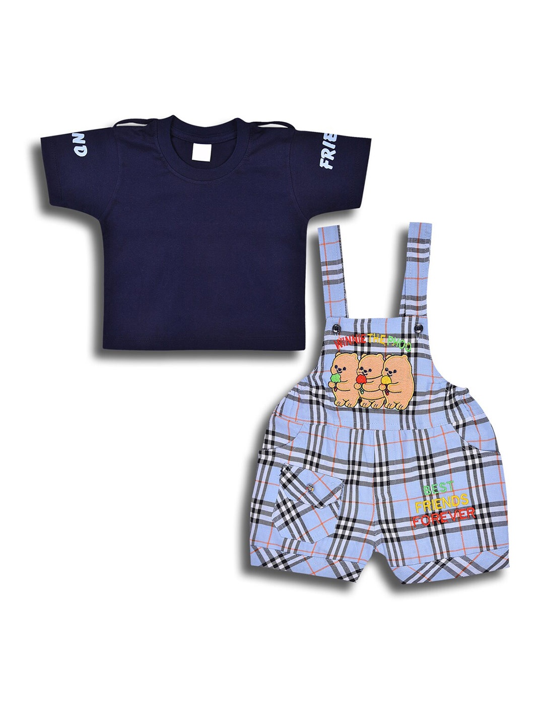 

Wish Karo Infant Boys Checked Cotton T-shirt With Dungaree, Navy blue