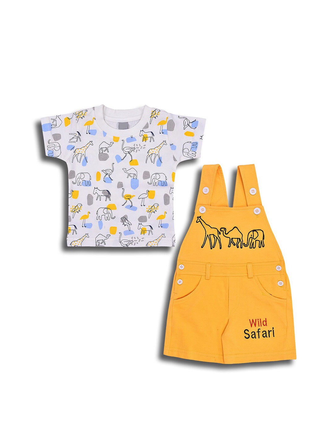 

Wish Karo Infant Boys Graphic Printed Pure Cotton T-shirt With Dungaree, Yellow