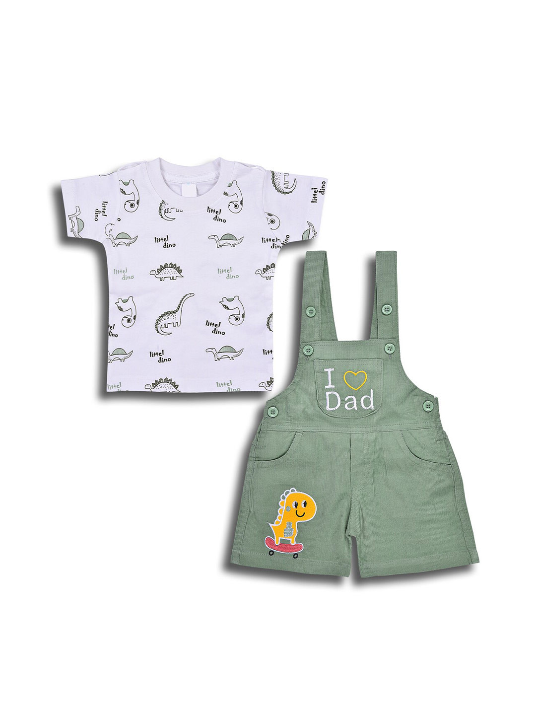 

Wish Karo Infant Boys Graphic Printed Cotton T-shirt With Dungaree, Olive