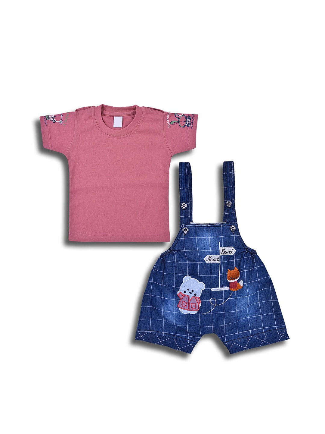 

Wish Karo Infant Boys Graphic Printed Straight Leg Cotton Denim T-shirt With Dungaree, Peach
