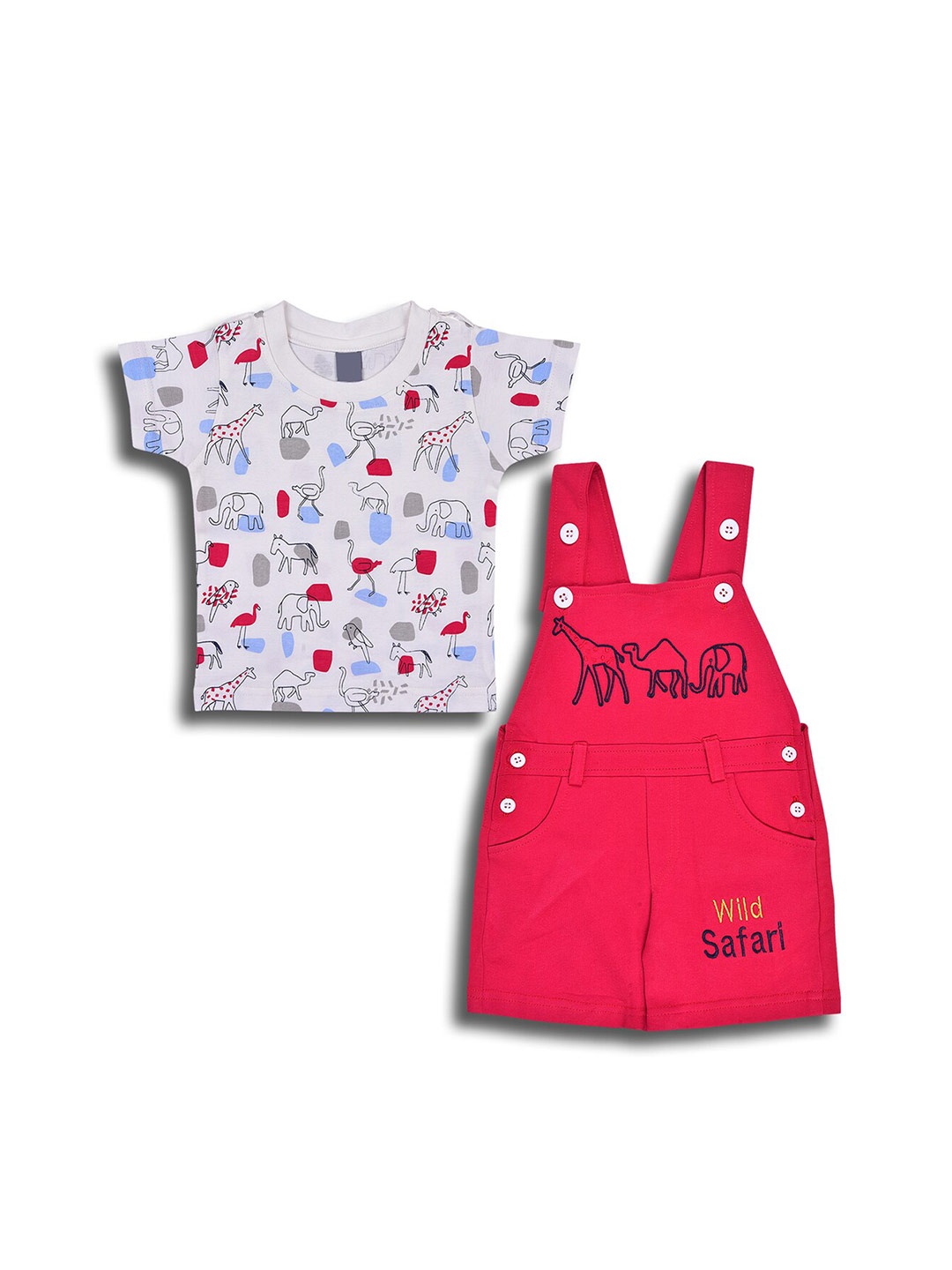 

Wish Karo Infant Boys Graphic Printed Cotton T-shirt With Dungaree, Red