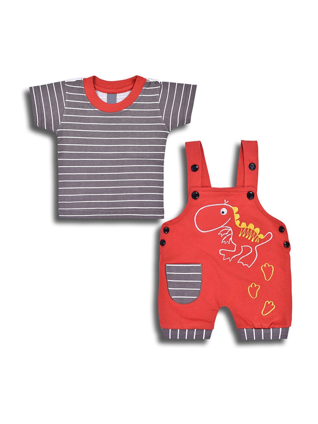 

Wish Karo Infant Boys Striped Cotton T-shirt With Dungaree, White