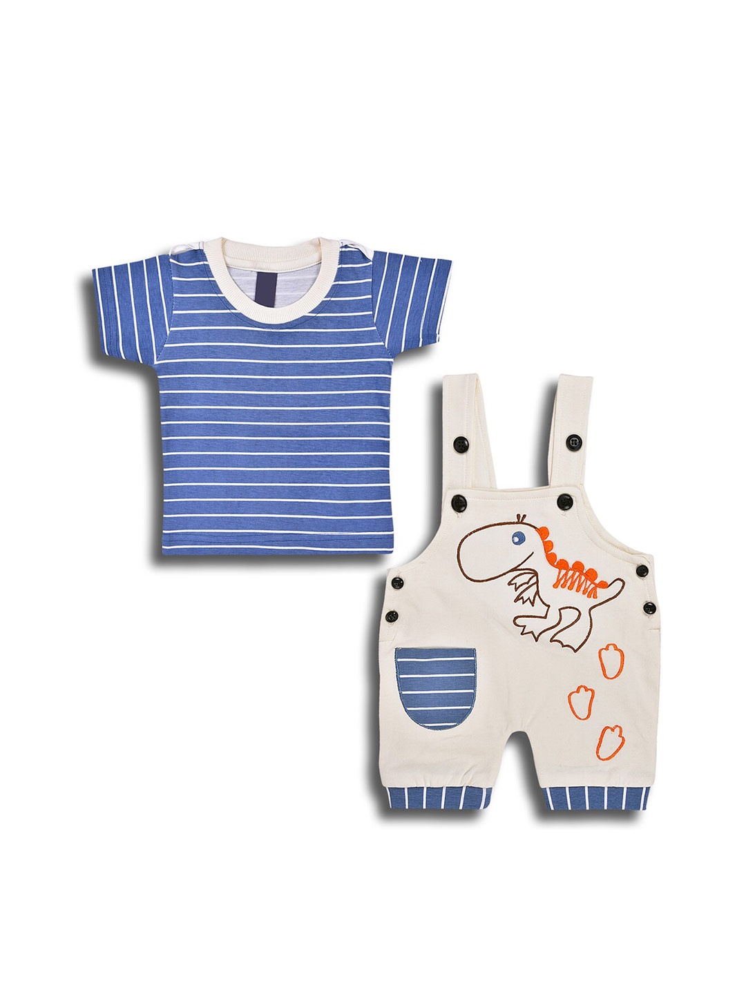 

Wish Karo Infant Boys Striped Cotton T-shirt With Dungaree, Cream