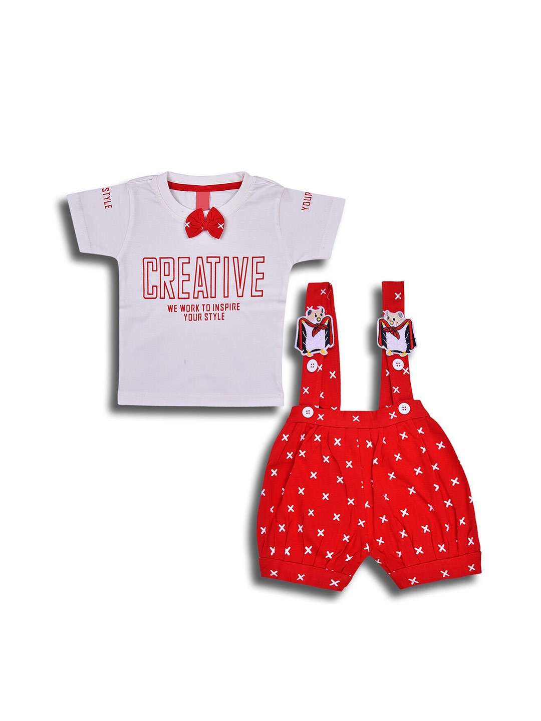 

Wish Karo Infant Boys Graphic Printed Pure Cotton T-shirt With Dungaree, Red