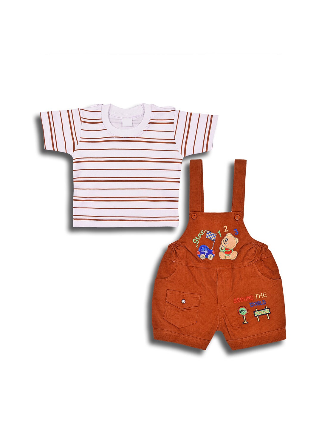 

Wish Karo Infant Boys Striped Cotton Corduroy T-shirt With Dungaree, Brown