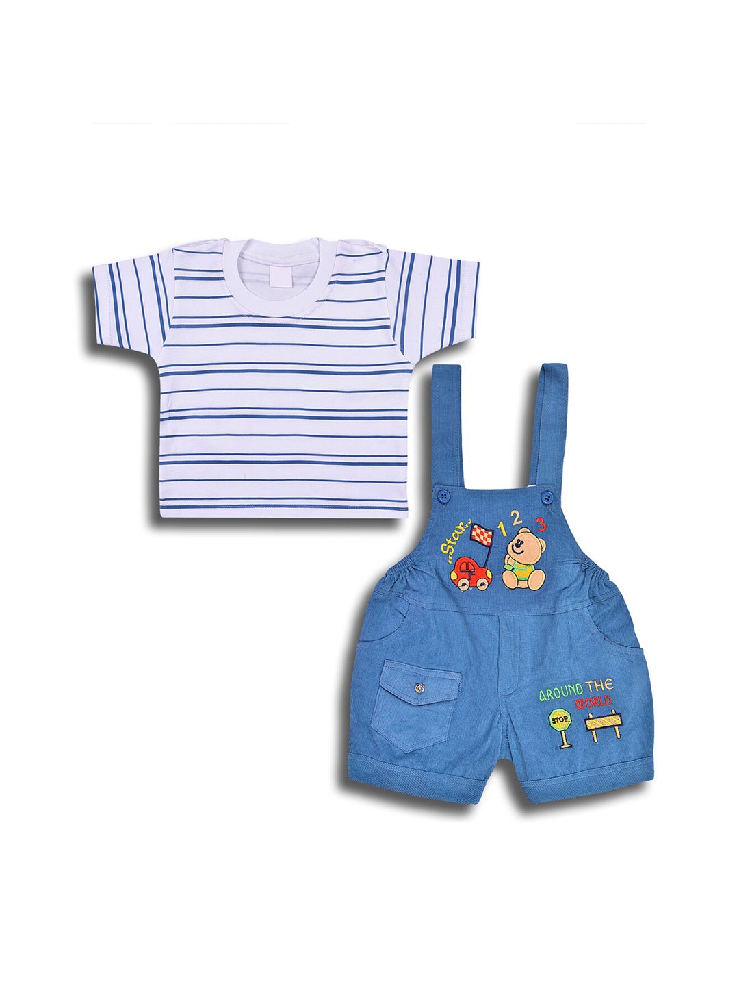 

Wish Karo Infant Boys Striped T-shirt With Dungaree, White