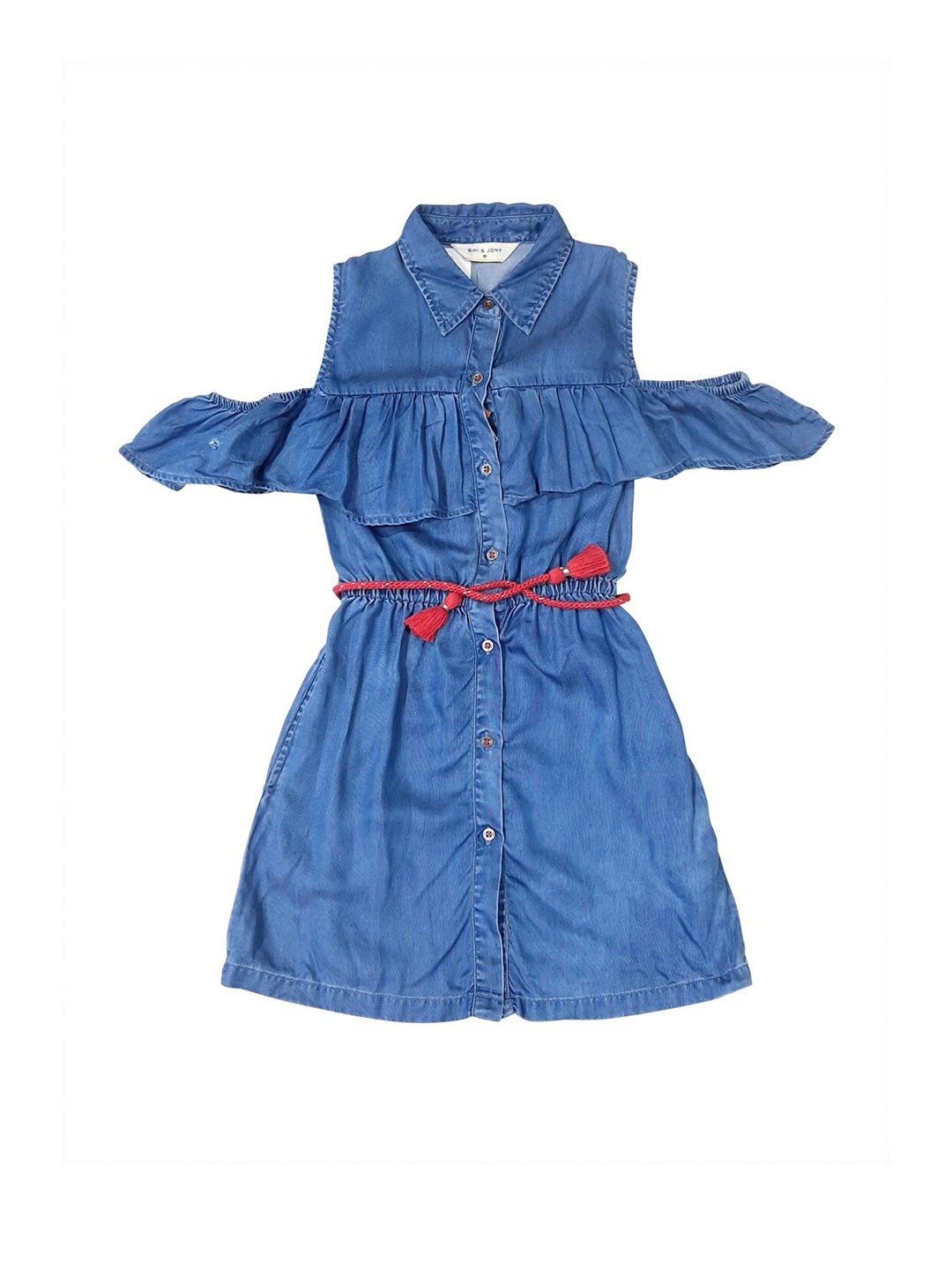 

Gini and Jony Infant Girls Off Shoulder Collared Neck Belted Denim Dress, Blue