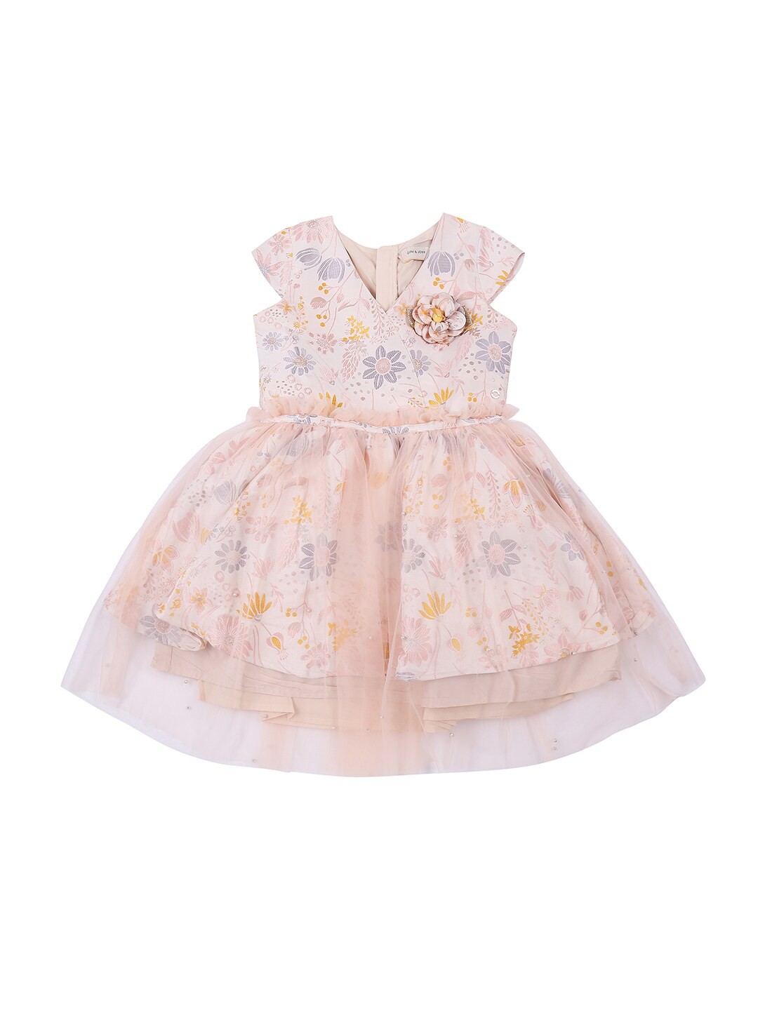 

Gini and Jony Girls V-Neck Cap Sleeve Applique Net Tulle Dress, Peach