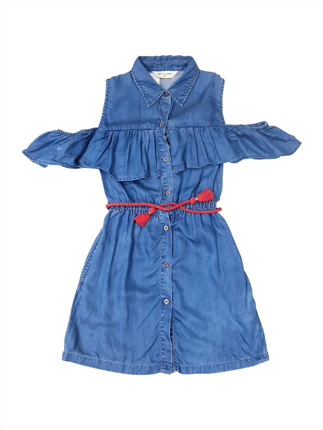 

Gini and Jony Girls Off Shoulder Collared Neck Belted Denim Dress, Blue