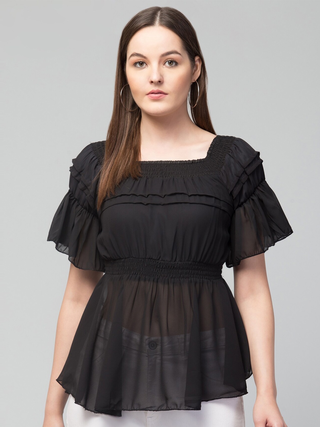 

Apraa & Parma Bell Sleeves Cinched Waist Pleated Top, Black