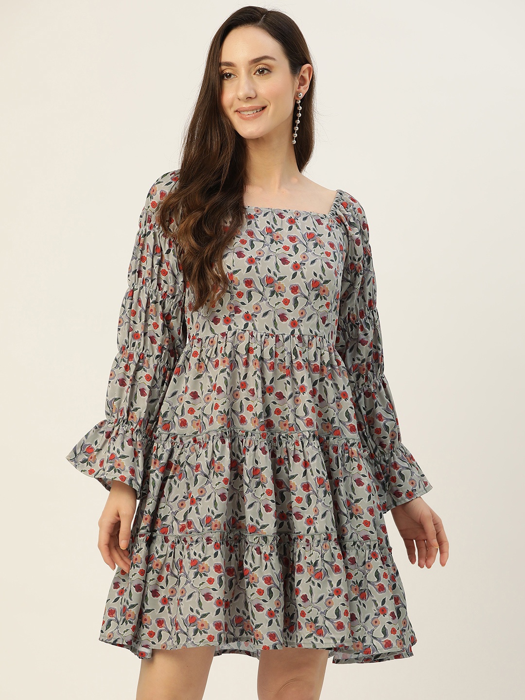 

Rue Collection Floral Crepe A-Line Dress, Grey