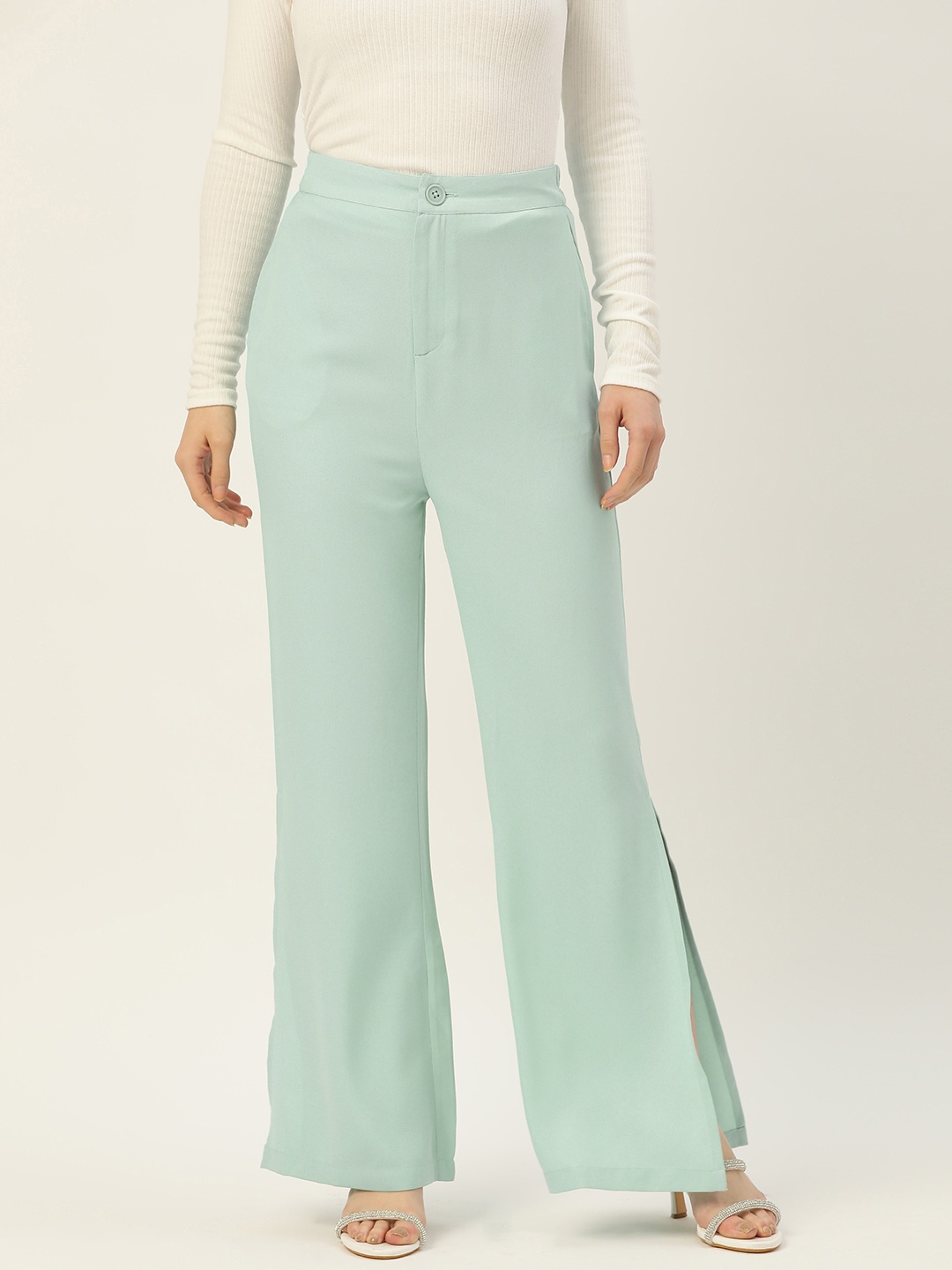 

Rue Collection Women Turquoise Blue Relaxed Loose Fit High-Rise Trousers