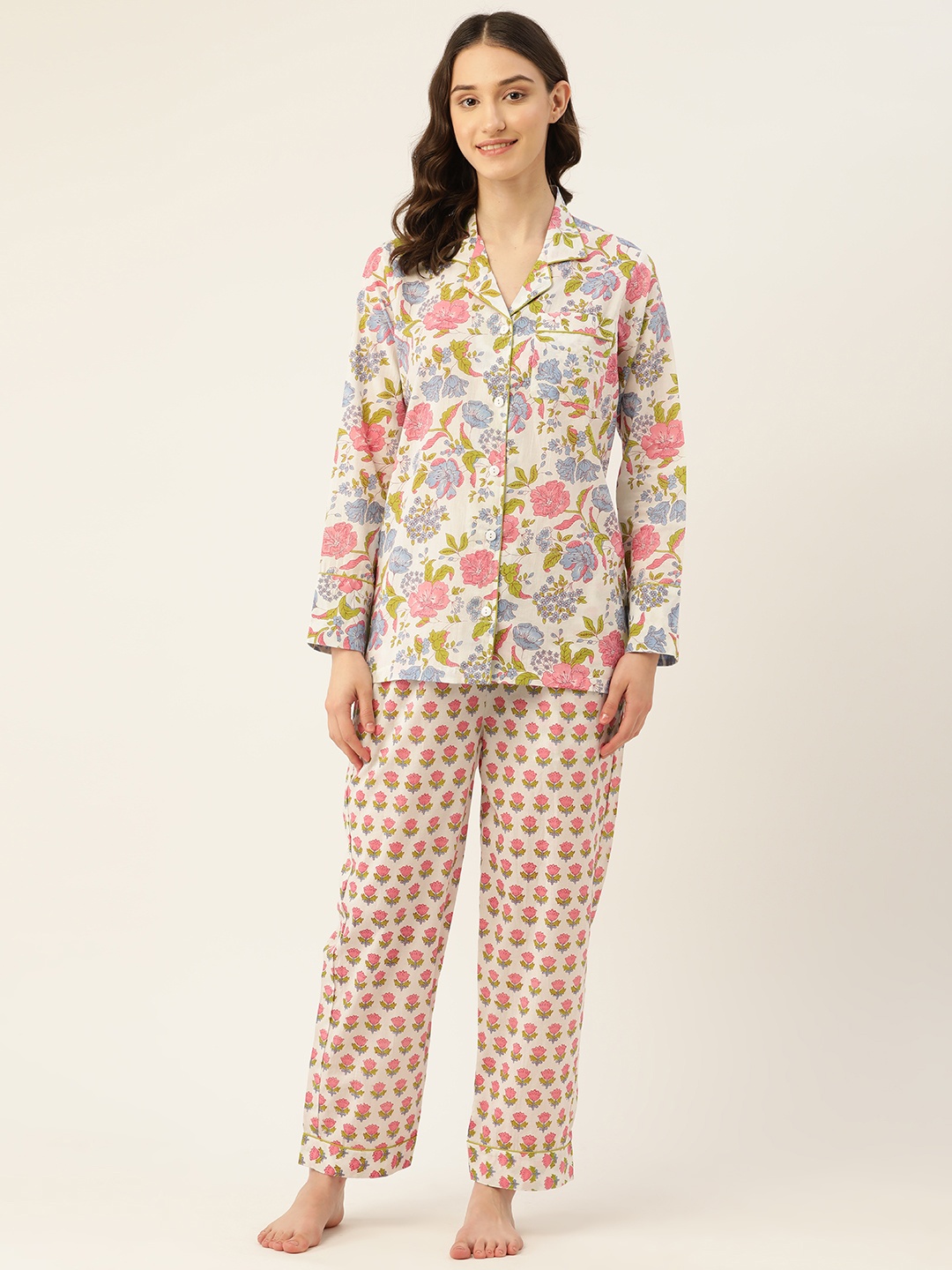 Jaipur Morni Printed Cotton Night suit with Eye Mask, White