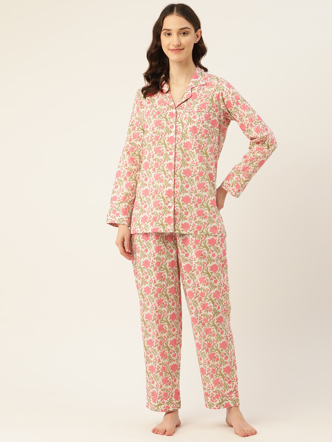 

Jaipur Morni Printed Cotton Night suit with Eye Mask, White