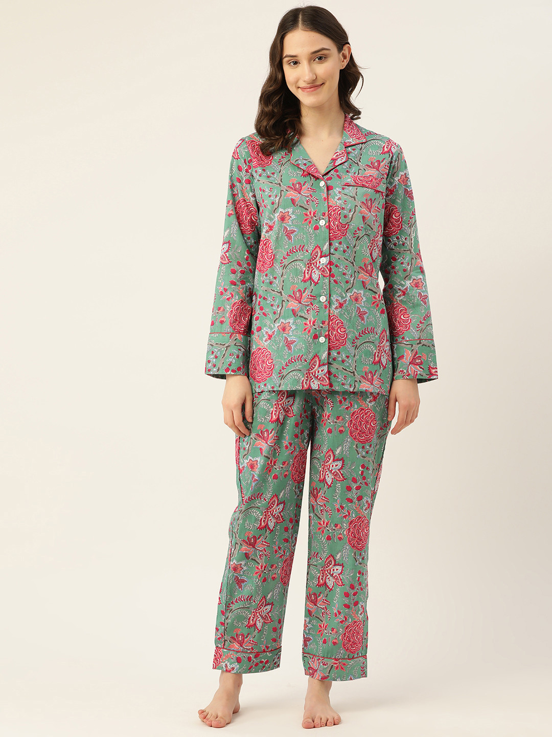 

Jaipur Morni Printed Cotton Night suit with Eye Mask, Sea green