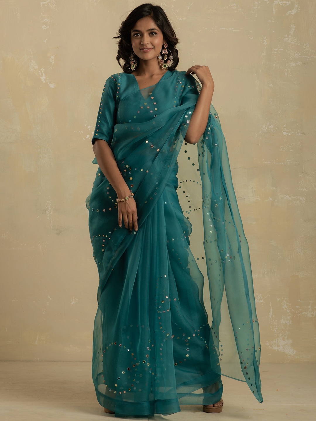 

charkhee Mirror Work Organza Saree, Turquoise blue