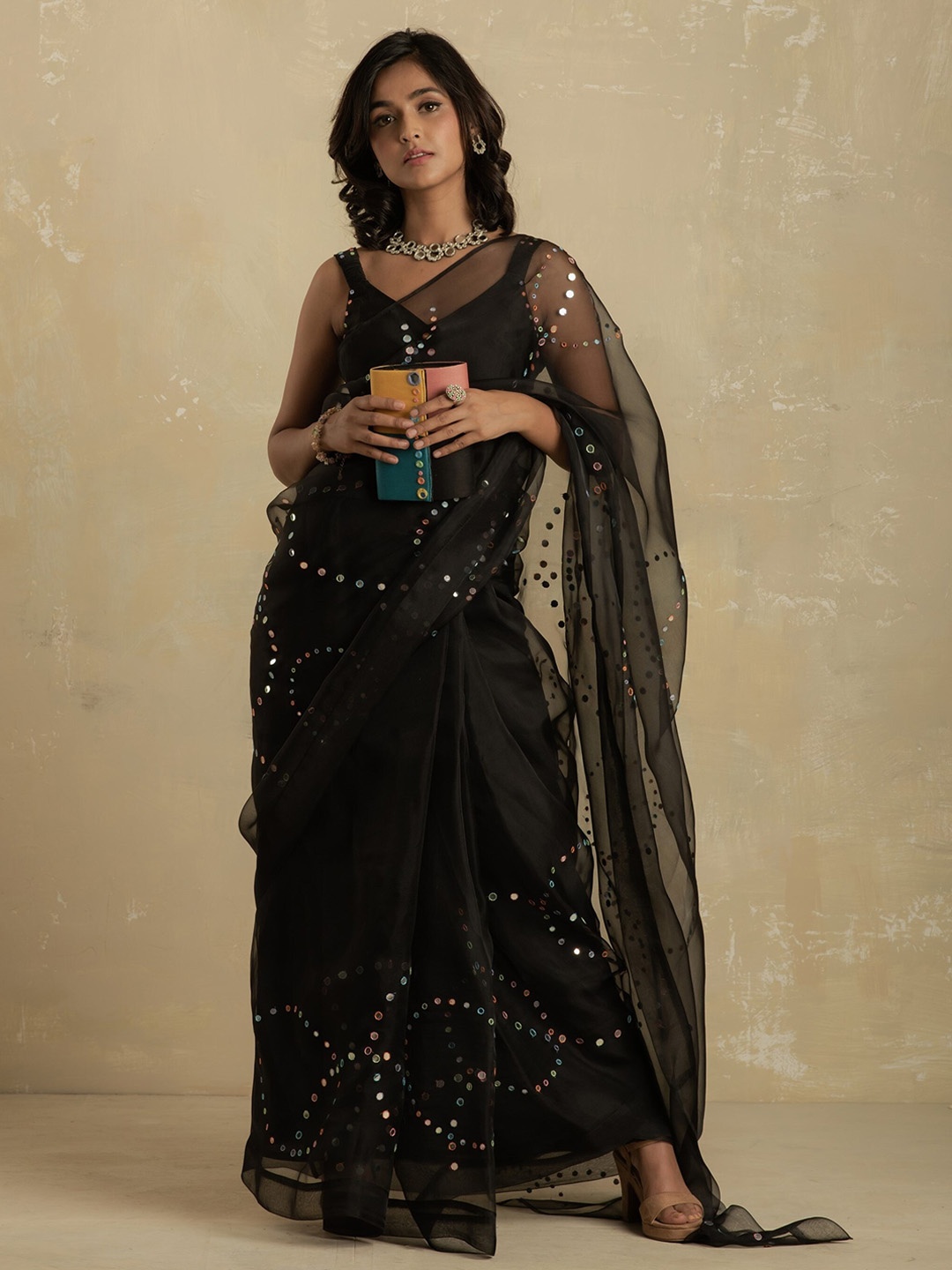 

charkhee Mirror Work Organza Saree, Black