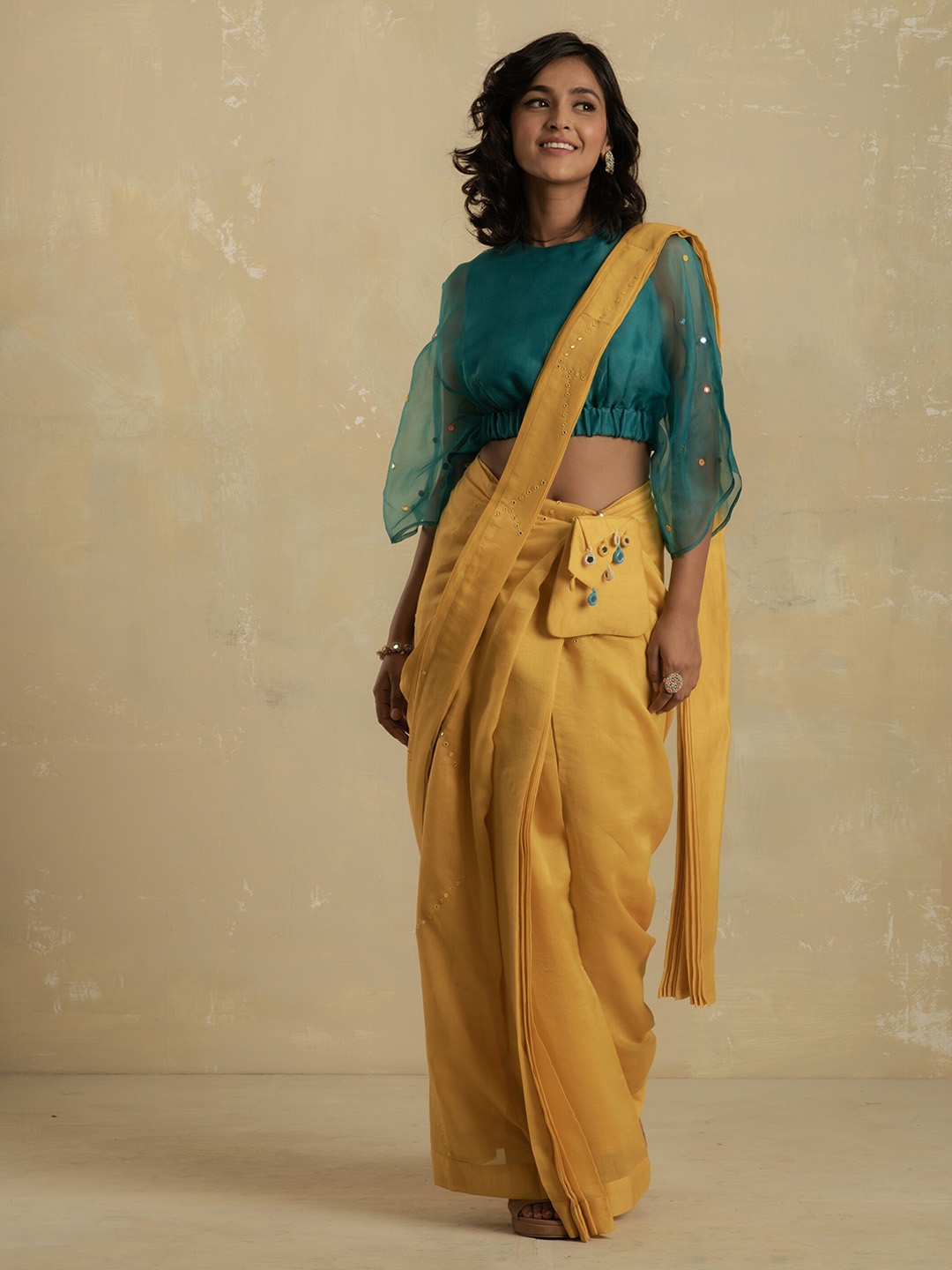 

charkhee Mirror Work Ready To Wear Saree, Yellow