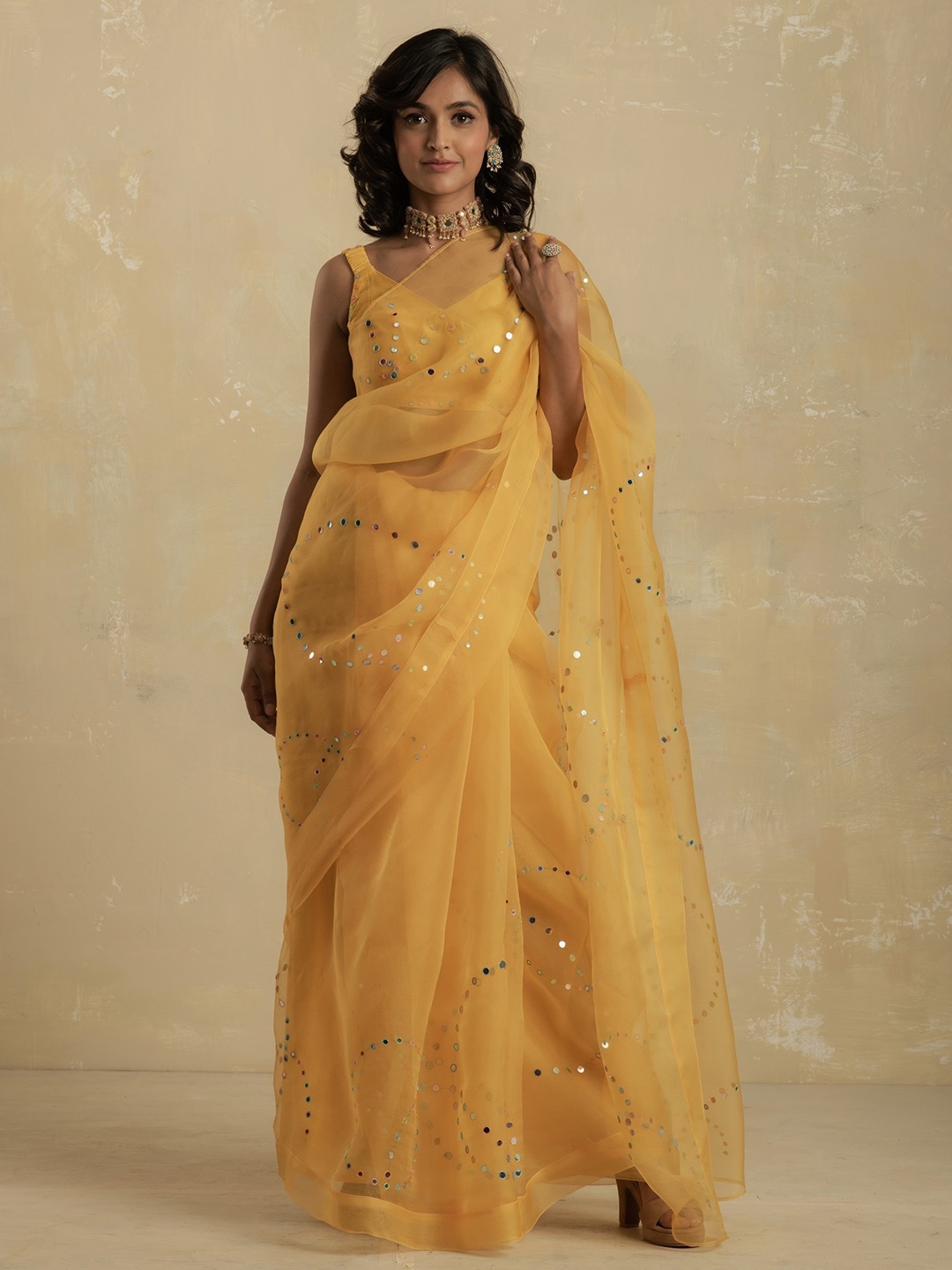 

charkhee Embellished Mirror Work Organza Saree, Yellow