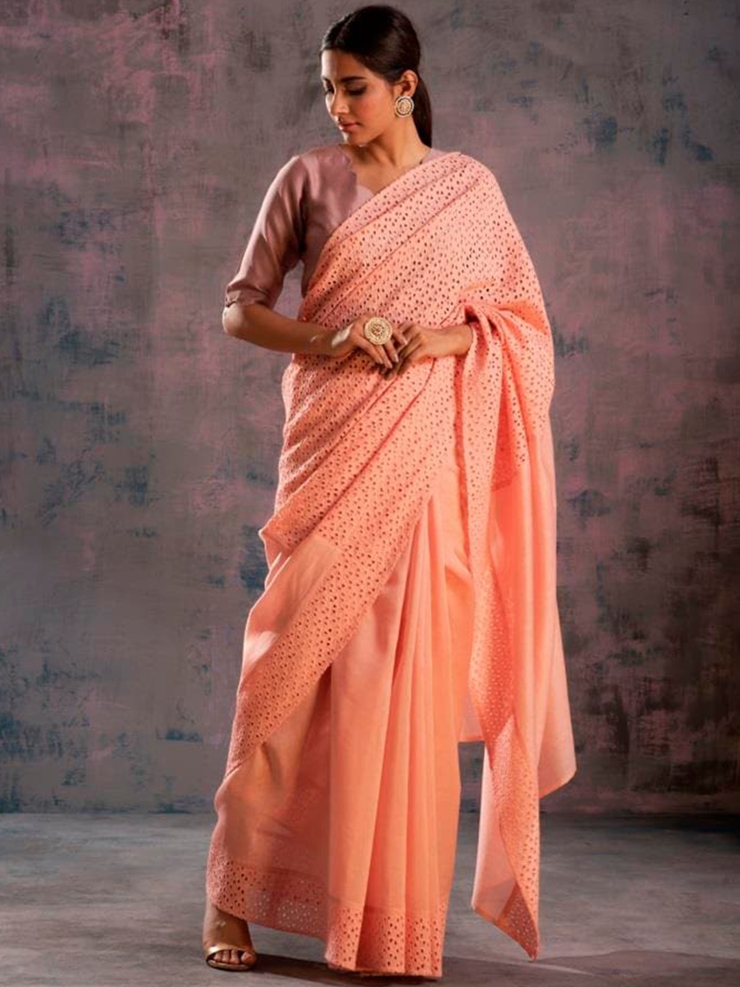 

charkhee Embroidered Embellished Beads and Stones Saree, Peach