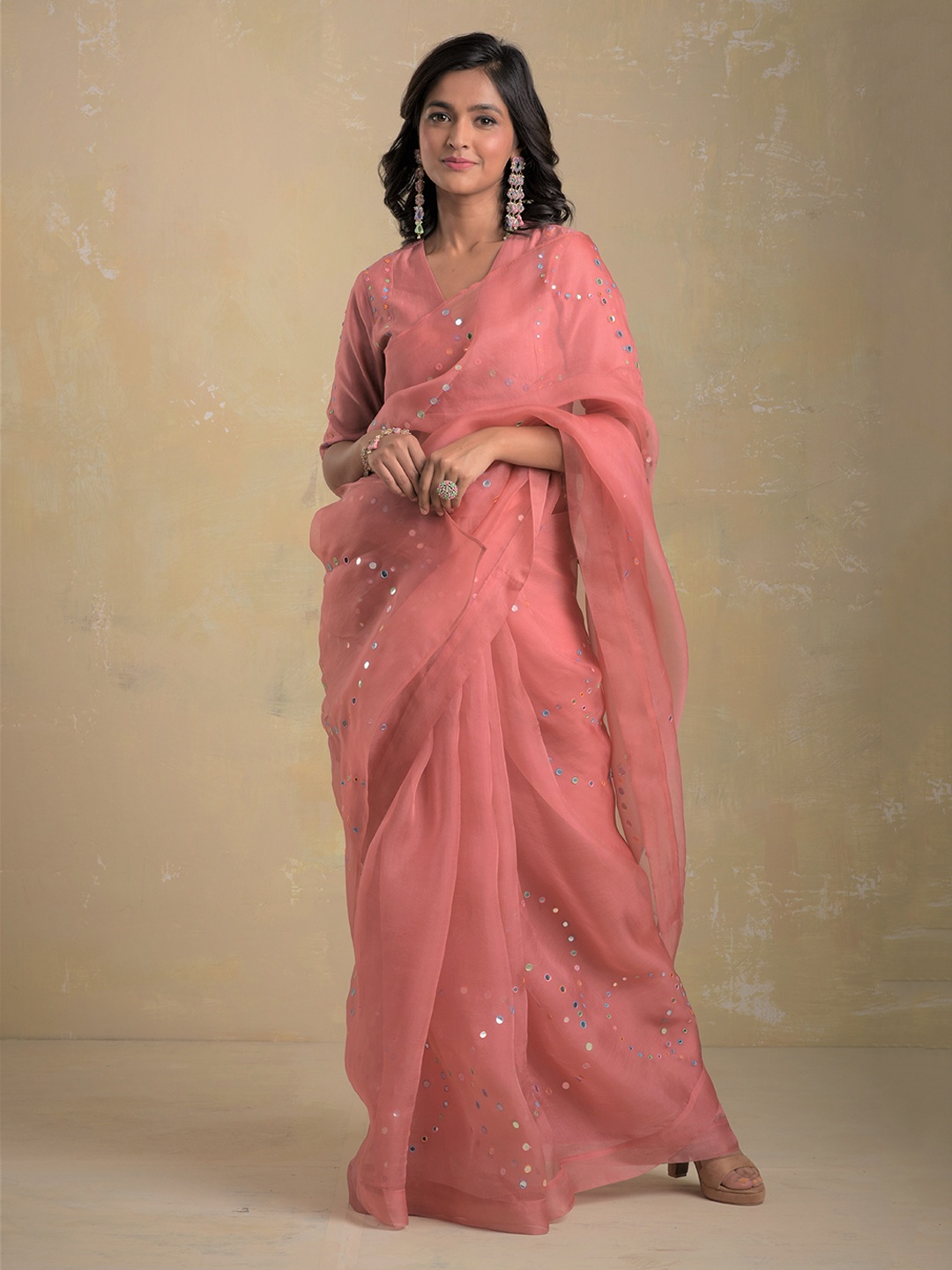 

charkhee Mirror Embellished Organza Saree With Stitched Blouse, Pink