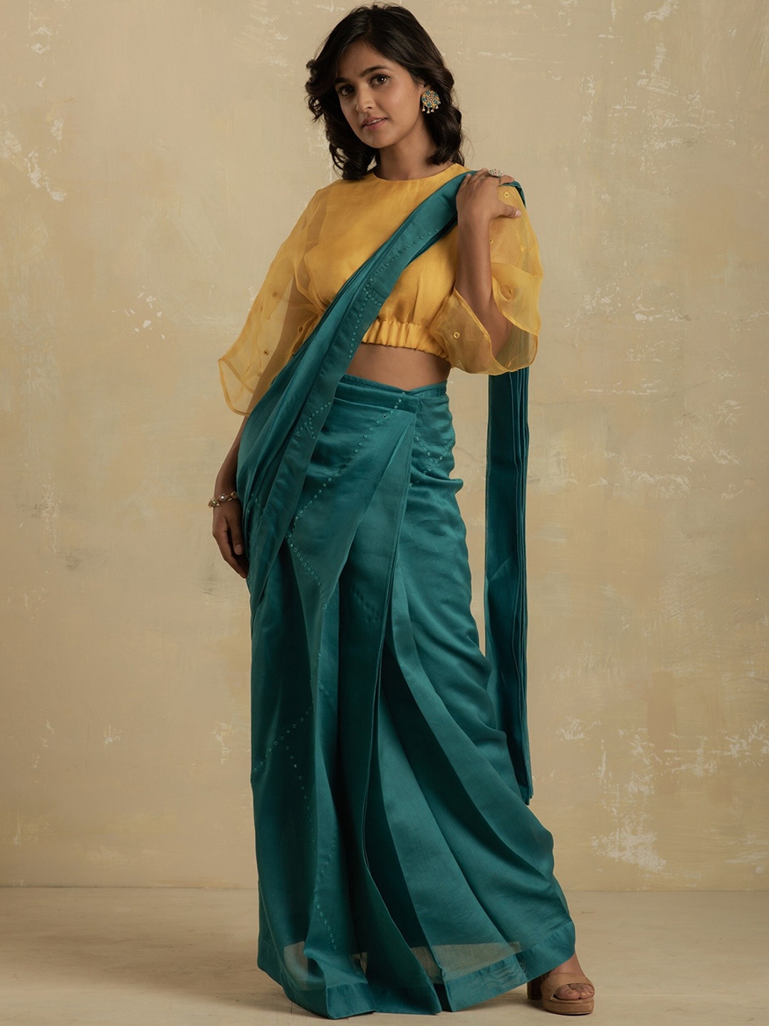 

charkhee Embellished Mirror Work Ready to Wear Saree, Turquoise blue