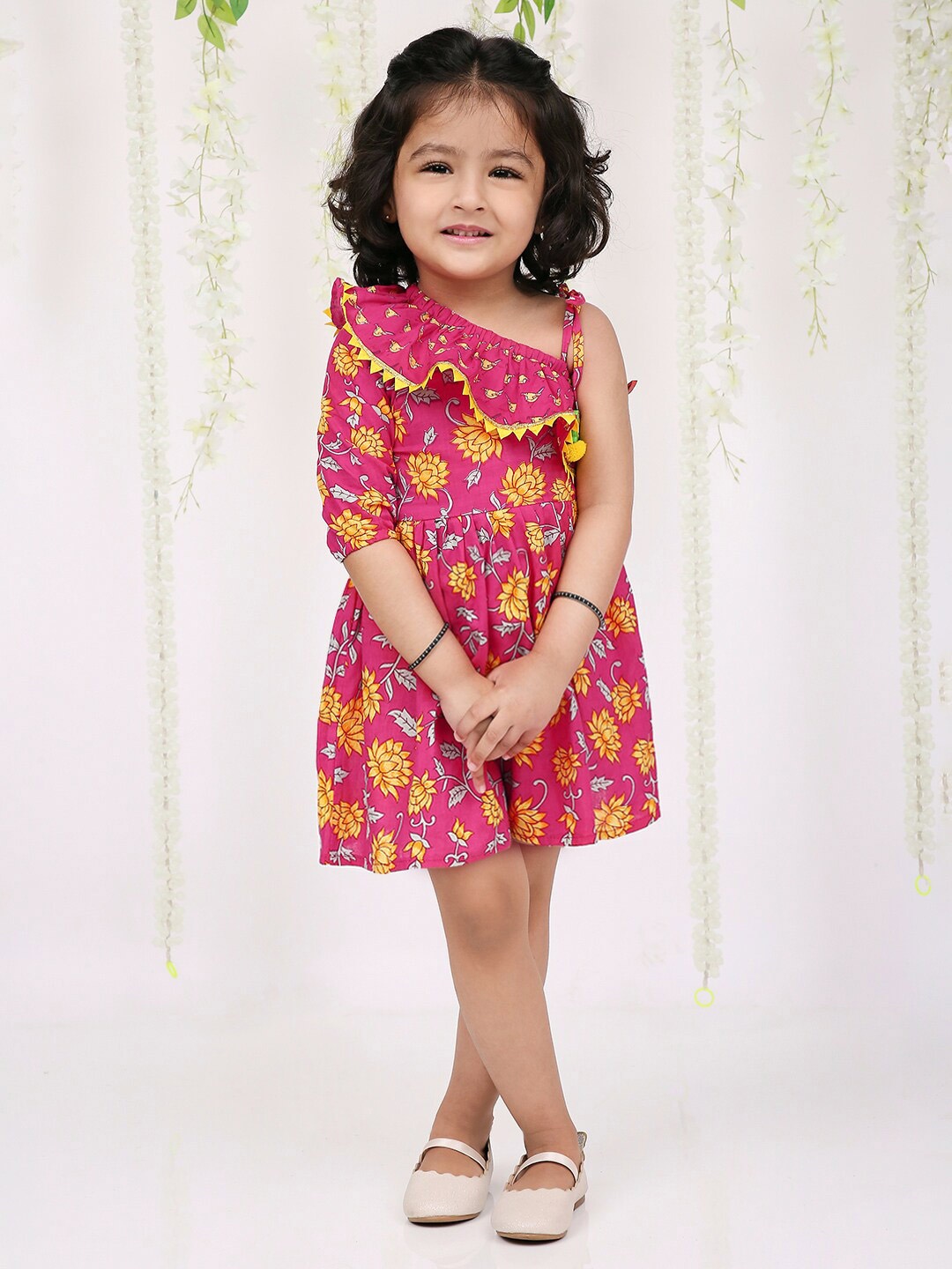 

KID1 Girls Floral Printed One shoulder Fit & Flare Dress, Pink