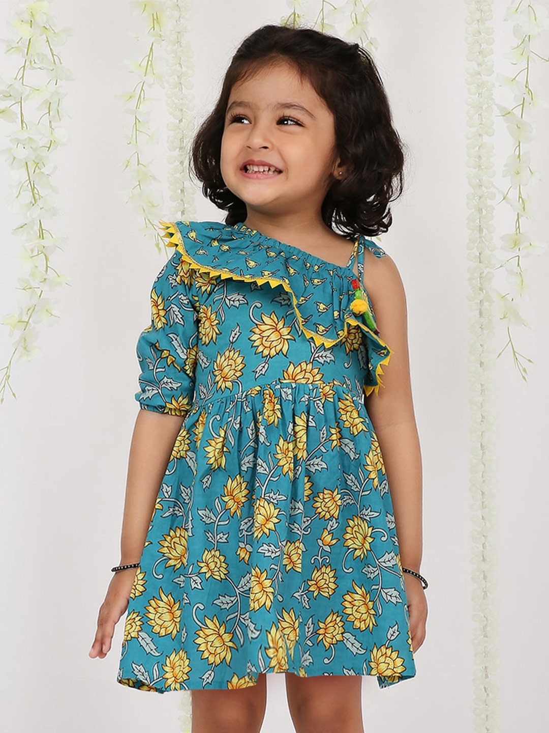 

KID1 Girls Floral Printed One shoulder Fit & Flare Dress, Turquoise blue