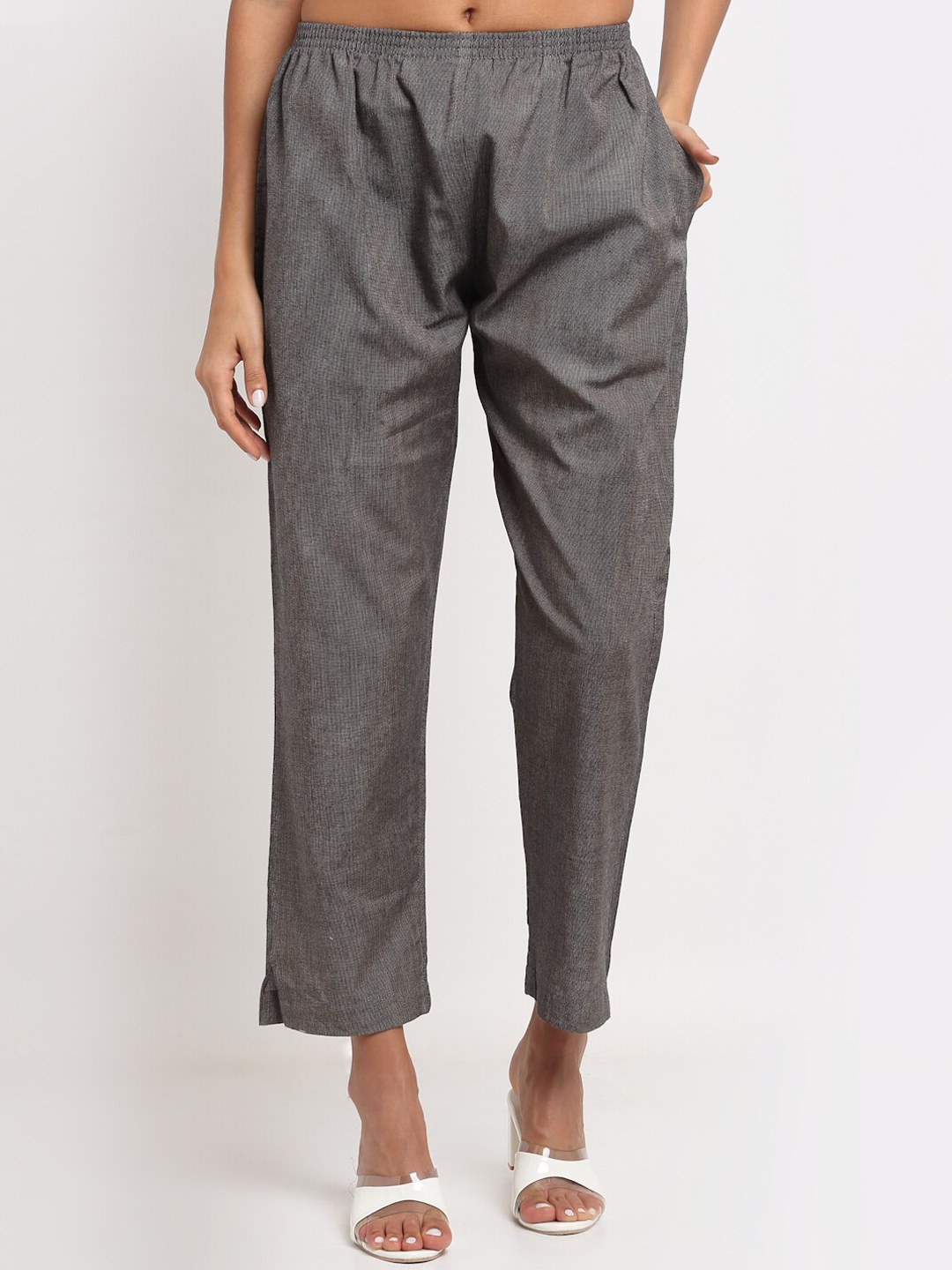 

NEUDIS Women Smart Mid-Rise Pure Cotton Trousers, Grey