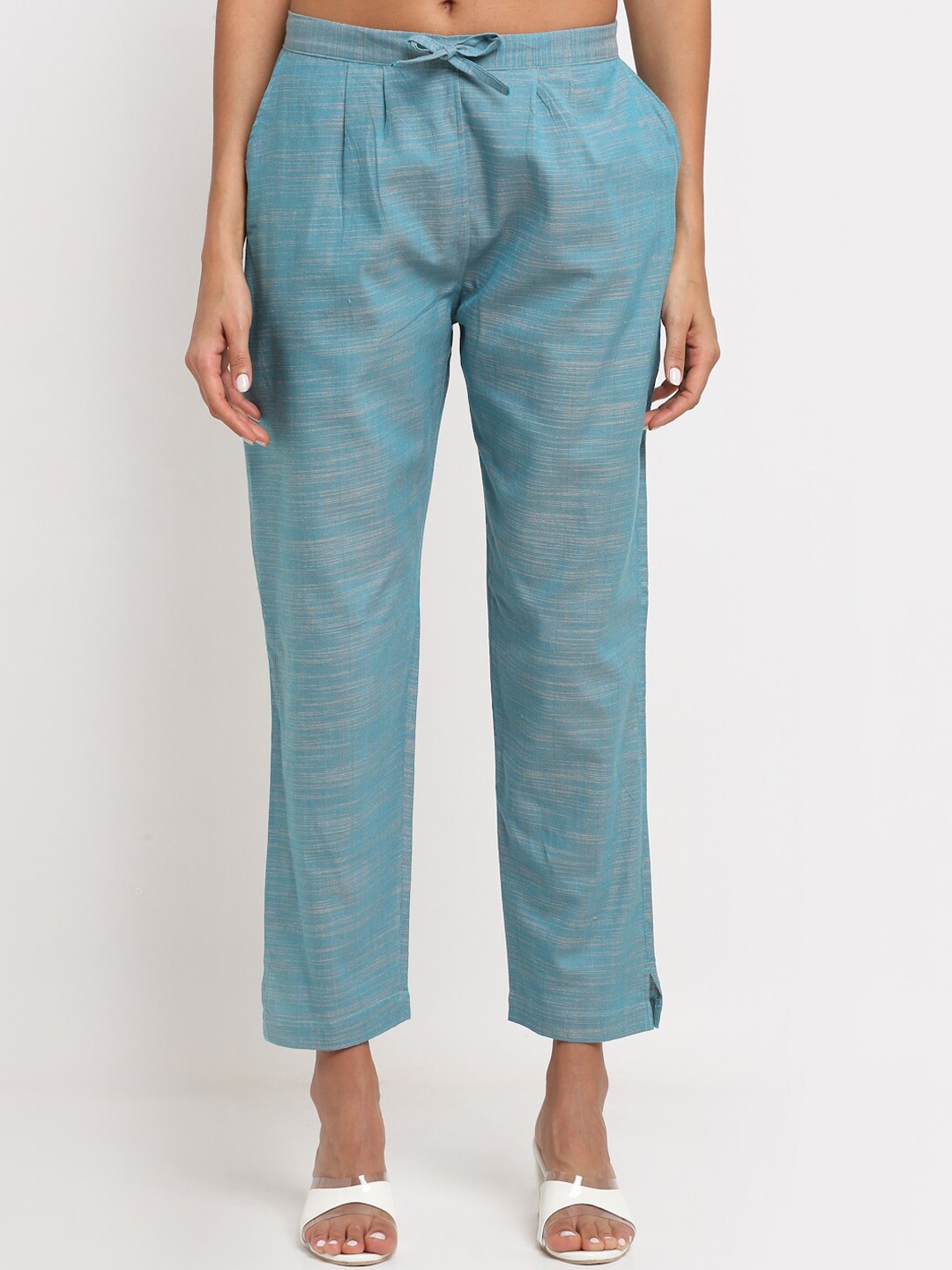 

NEUDIS Women Smart Mid-Rise Pure Cotton Trousers, Turquoise blue