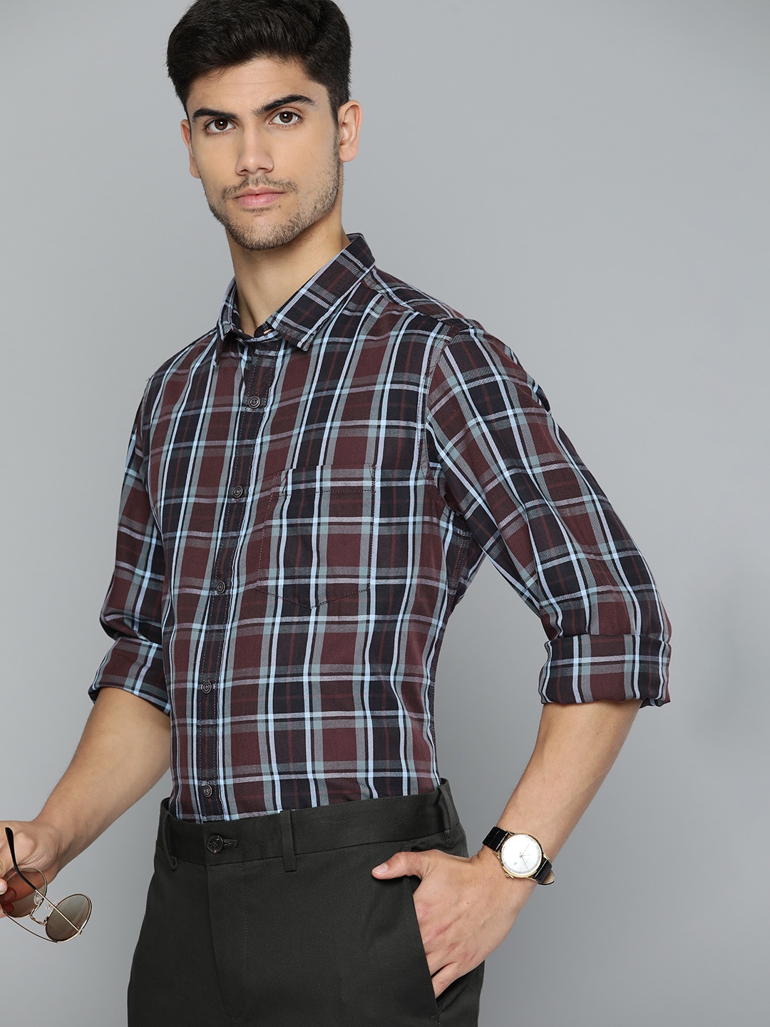 

Indian Terrain Pure Cotton Slim Fit Tartan Checked Smart Casual Shirt, Brown