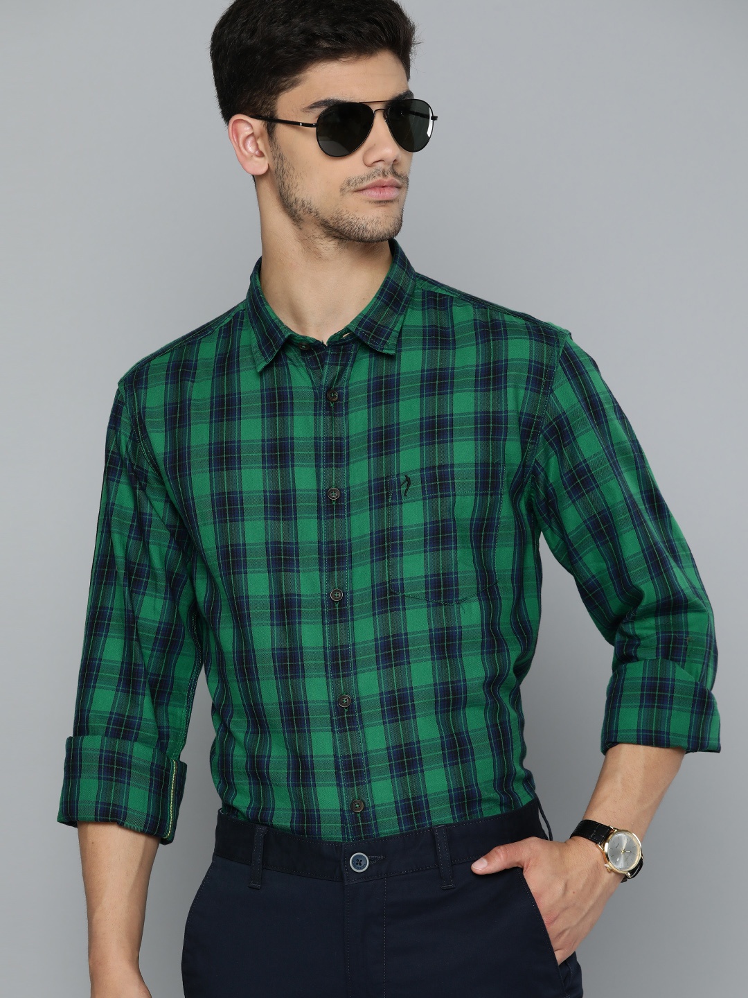 

Indian Terrain Pure Cotton Chiseled Slim Fit Tartan Checked Shirt, Green
