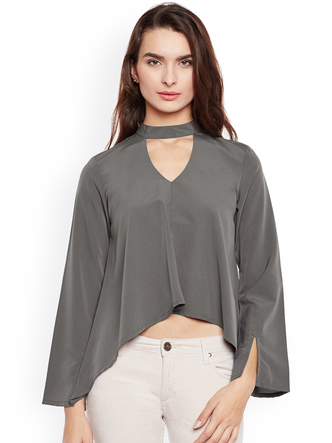 

Popnetic Women Grey Solid A-Line Top