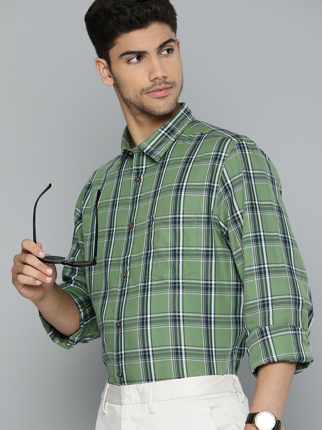 

Indian Terrain Pure Cotton Chiseled Slim Fit Tartan Checked Casual Shirt, Green