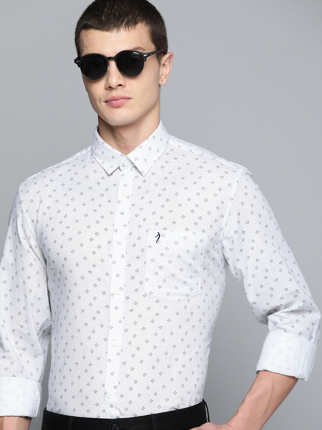 

Indian Terrain Pure Cotton Slim Fit Opaque Printed Semiformal Shirt, White